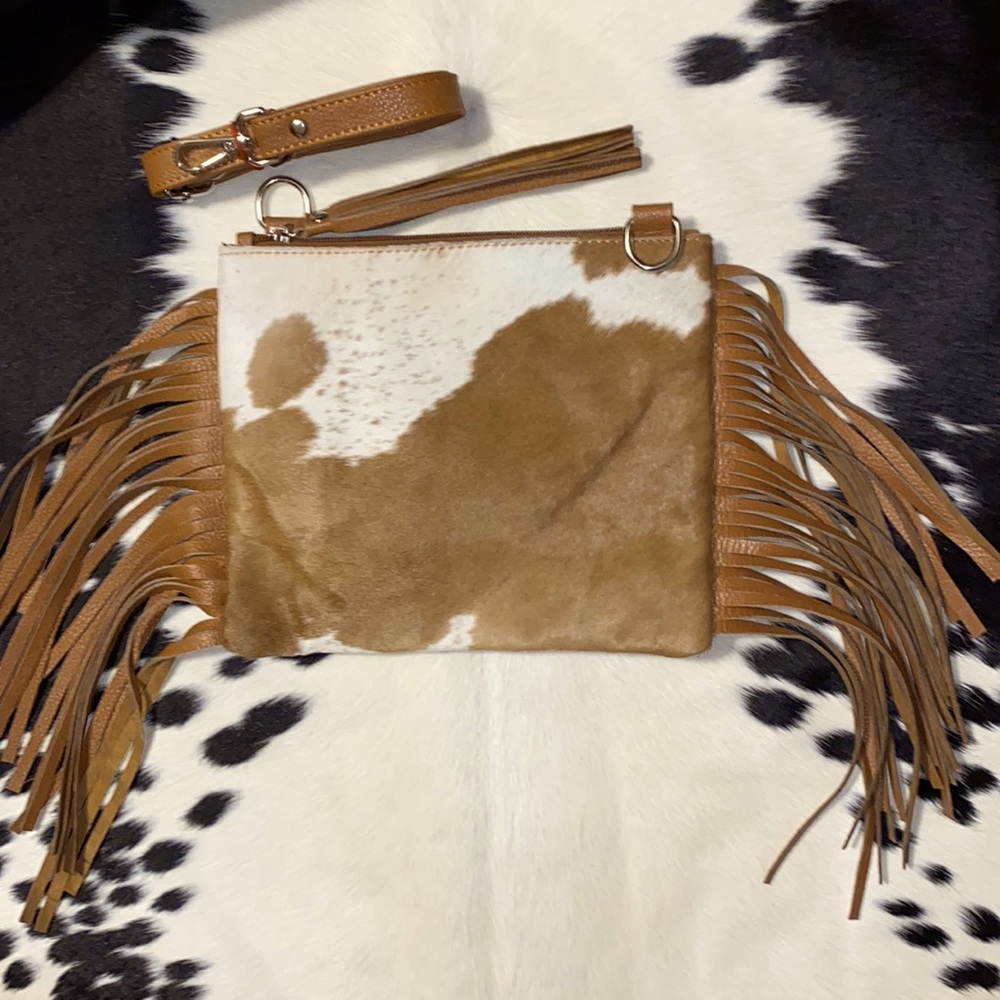 New Handmade Real Cowhide Leather Crossbody Purse Handbag Hair On With Fringes
